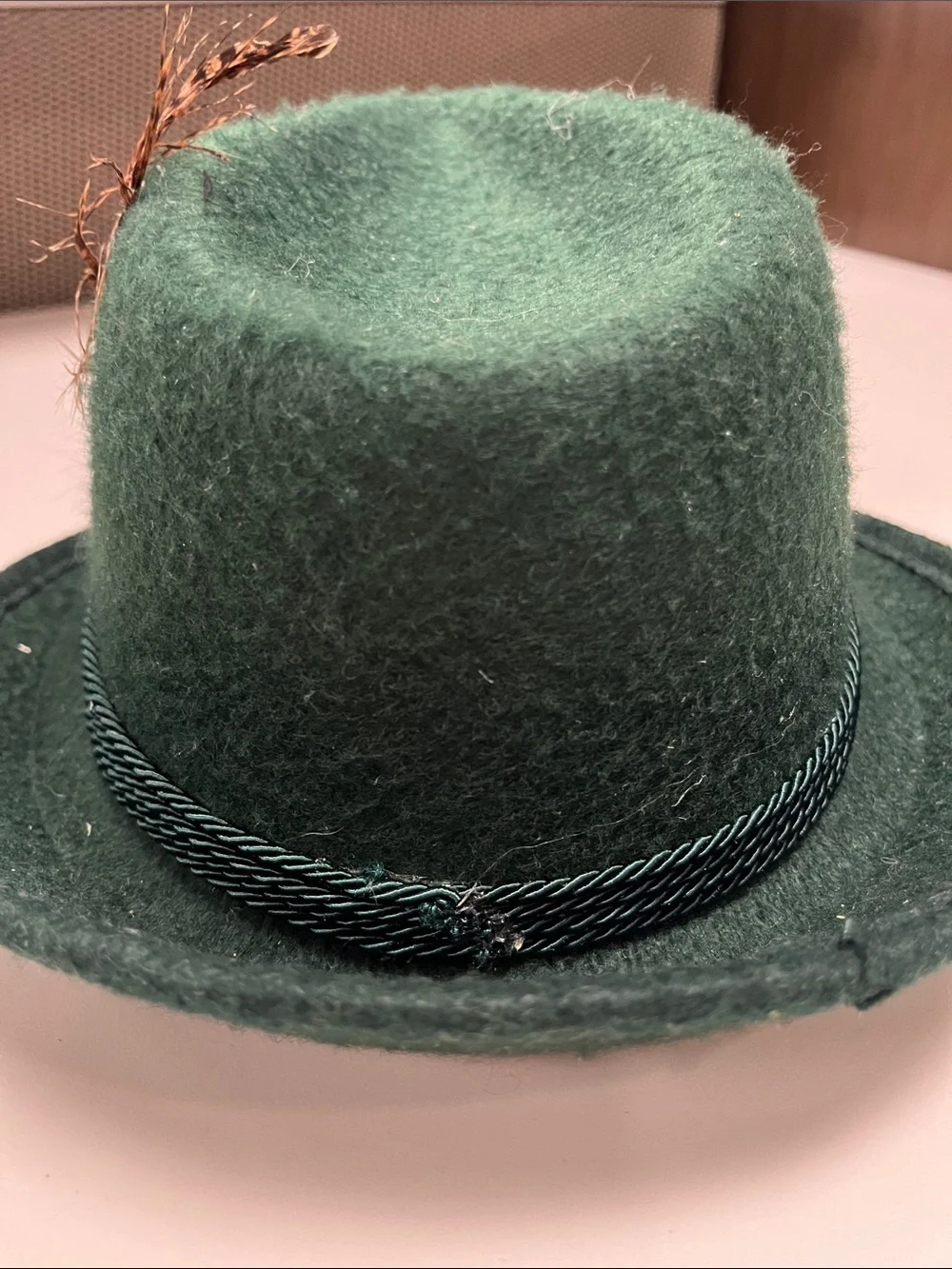 Children's Green Felt Fedora Hat with Feather Trim